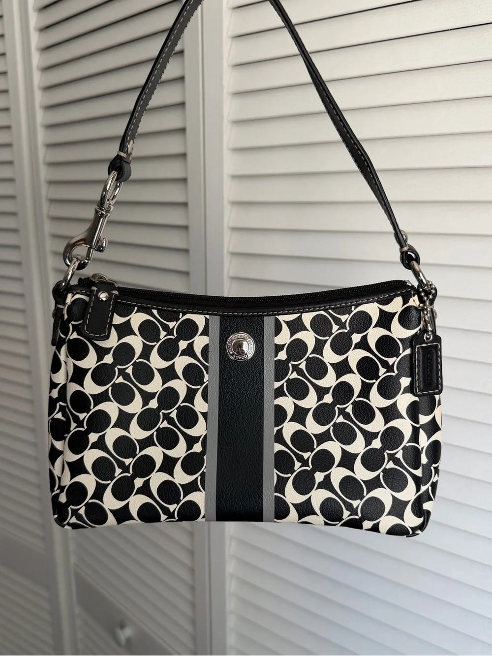 Y2K Coach Signature Print Small Shoulder Bag Black White Leather